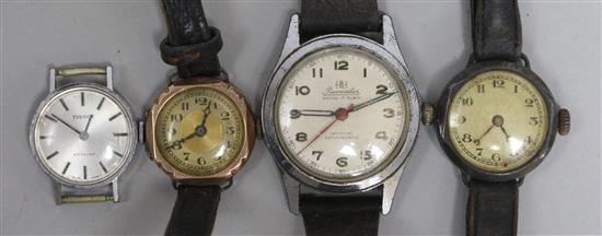 A ladys 9ct gold manual wind wrist watch and three other assorted wrist watches.